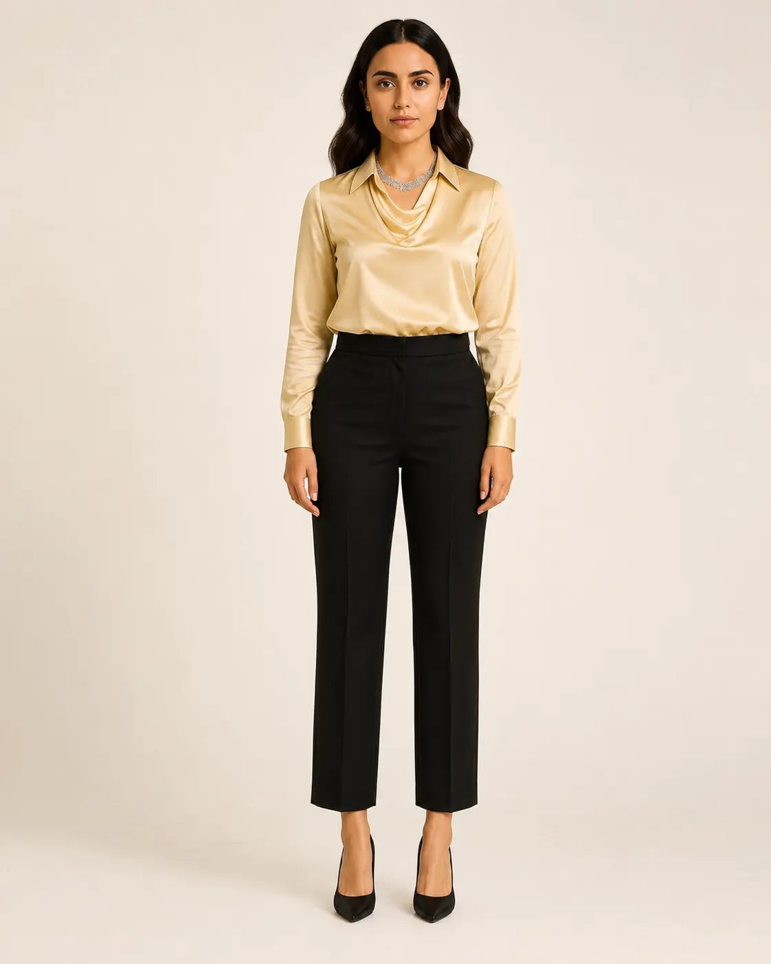 WAROODI Celina Satin Cowl Shirt in champagne styled with black tailored trousers, front view