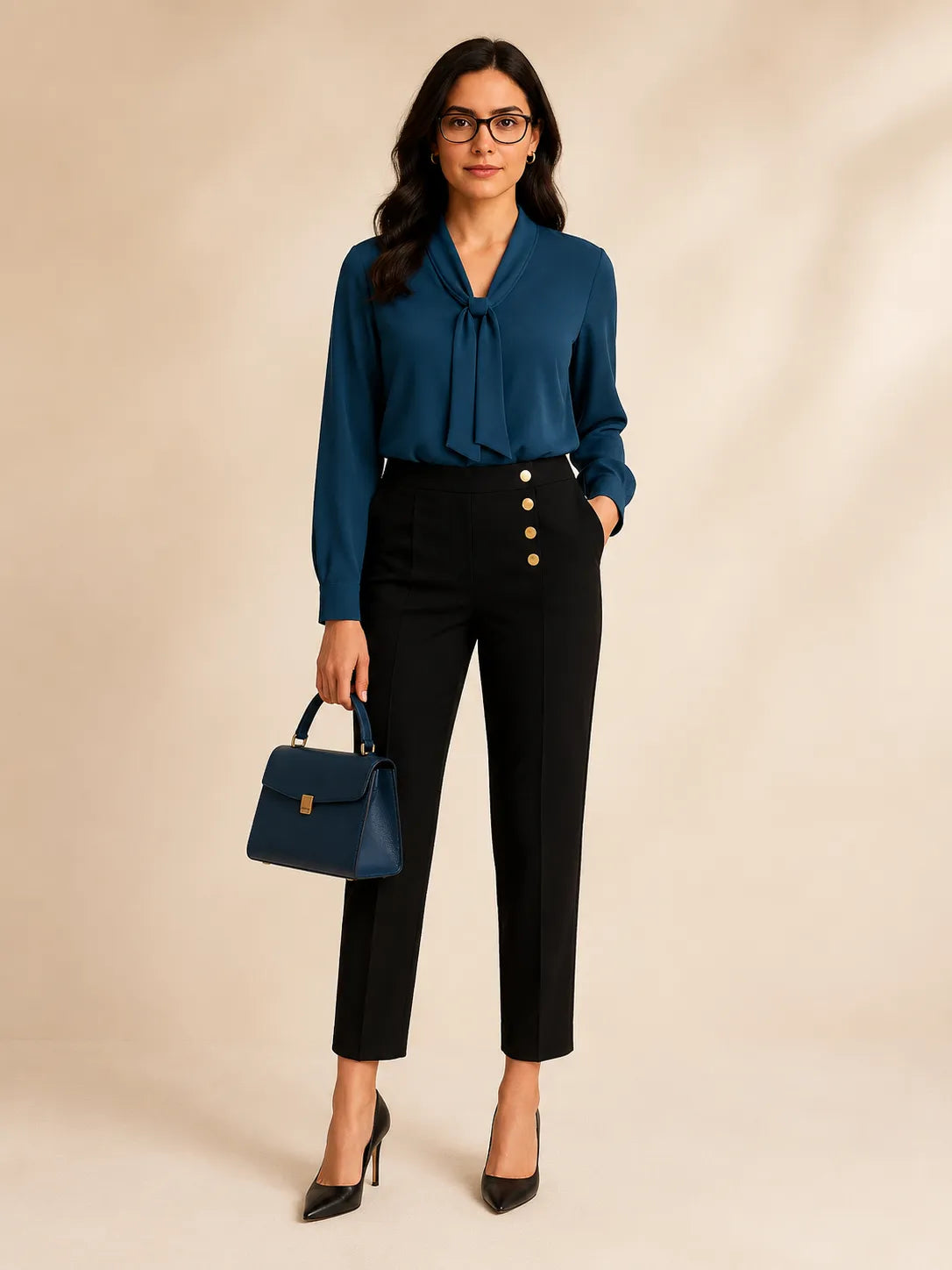 WAROODI Elise Tie-Neck Blouse in teal blue styled with black tailored trousers, front view