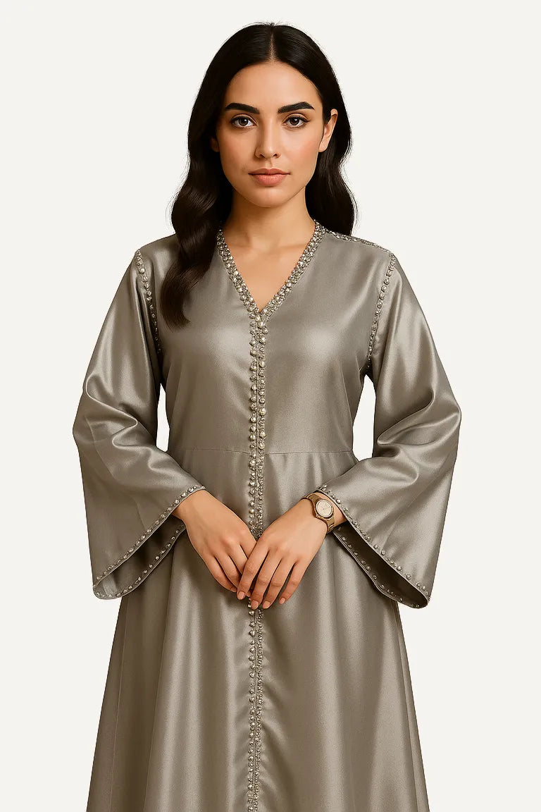 WAROODI Layali Embellished Satin Kaftan in Silver Grey – crystal-trim neckline, wide sleeves, flowing satin drape