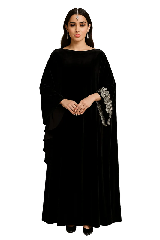 WAROODI Malika Velvet Kaftan in Black – luxurious modest velvet kaftan with embellished sleeve borders”