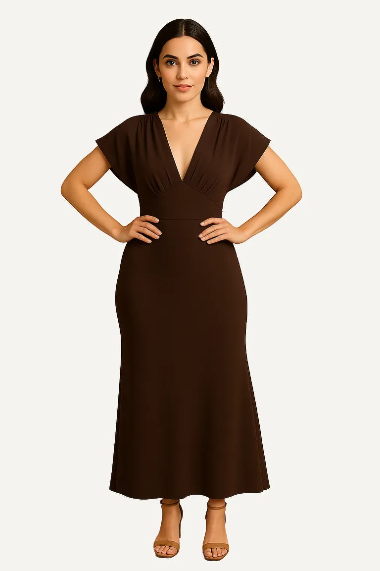 WAROODI Mira Soft-Flare Maxi Dress in Cocoa Brown — modest A-line maxi with short sleeves and V-neckline crafted in Candy Crêpe.