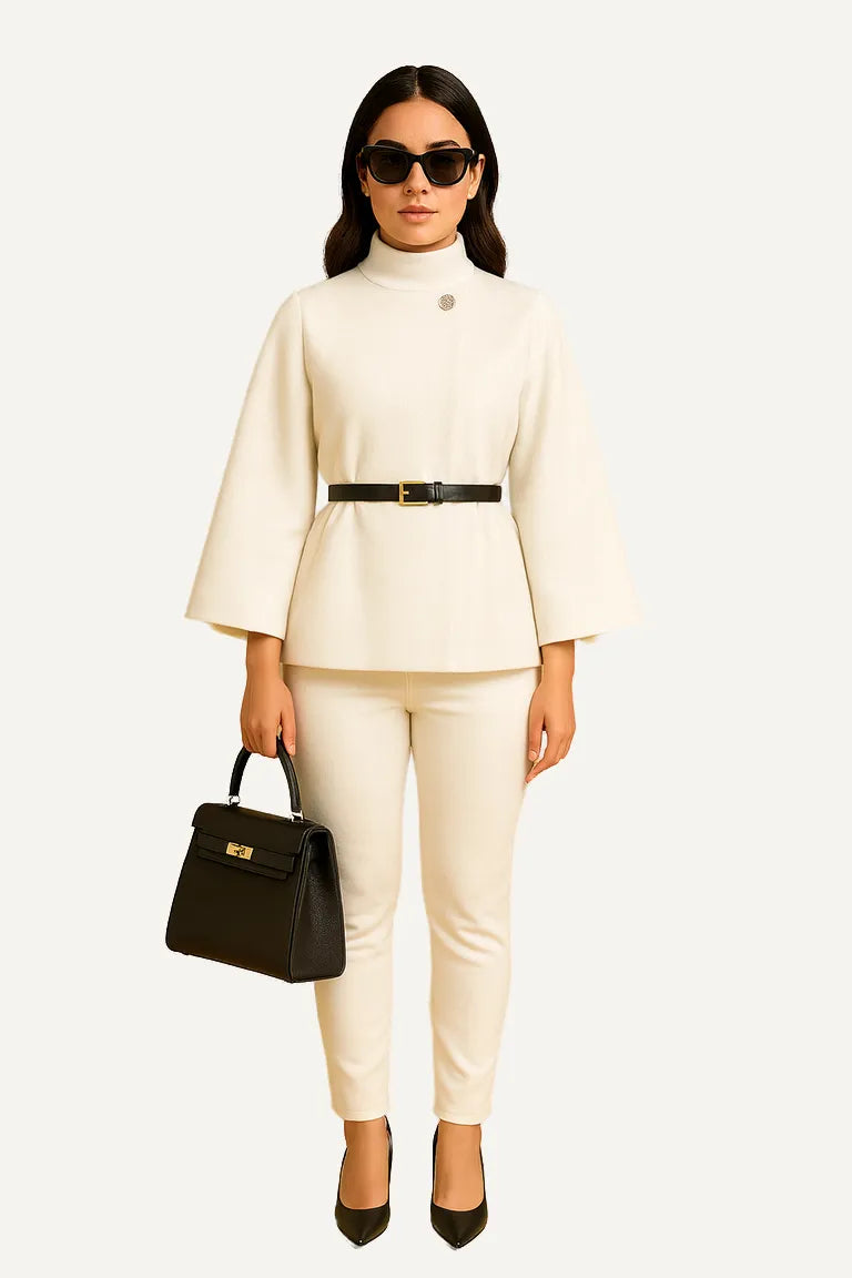 WAROODI Valeria Cape Co-ord Set in Ivory – premium crepe modest outfit with cape top and tailored trousers