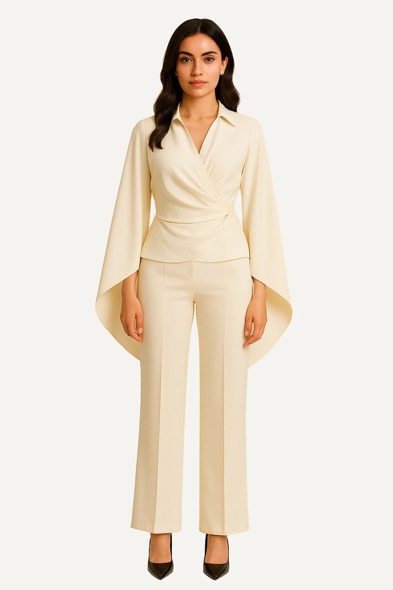 WAROODI – Valeria Cape Co-ord Set in Soft Ivory, modest luxury two-piece outfit with cape wrap top and tailored trousers.