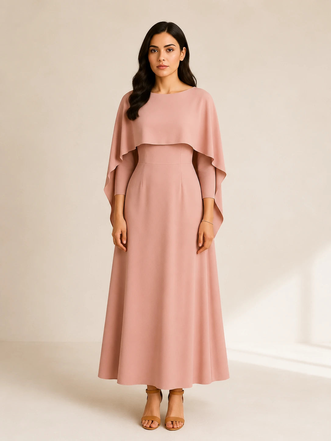 Amina Cape Maxi in blush pink by WAROODI with flowing cape overlay, front view