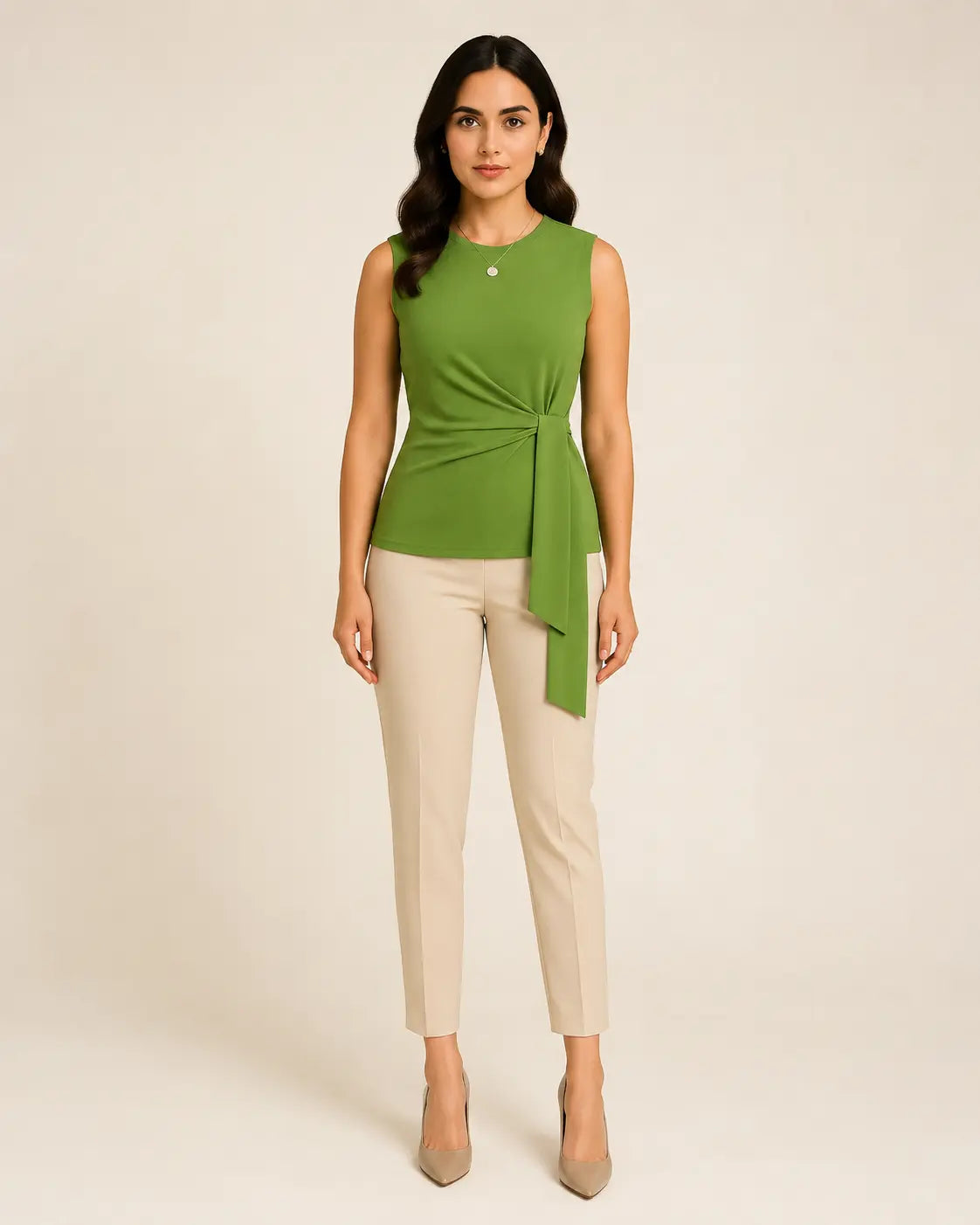 WAROODI Aria Knot Top in olive green styled with cream trousers, front view