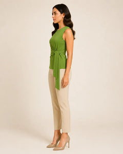 WAROODI Aria Knot Top in olive green with side drape detail and modest sleeveless styling, side view