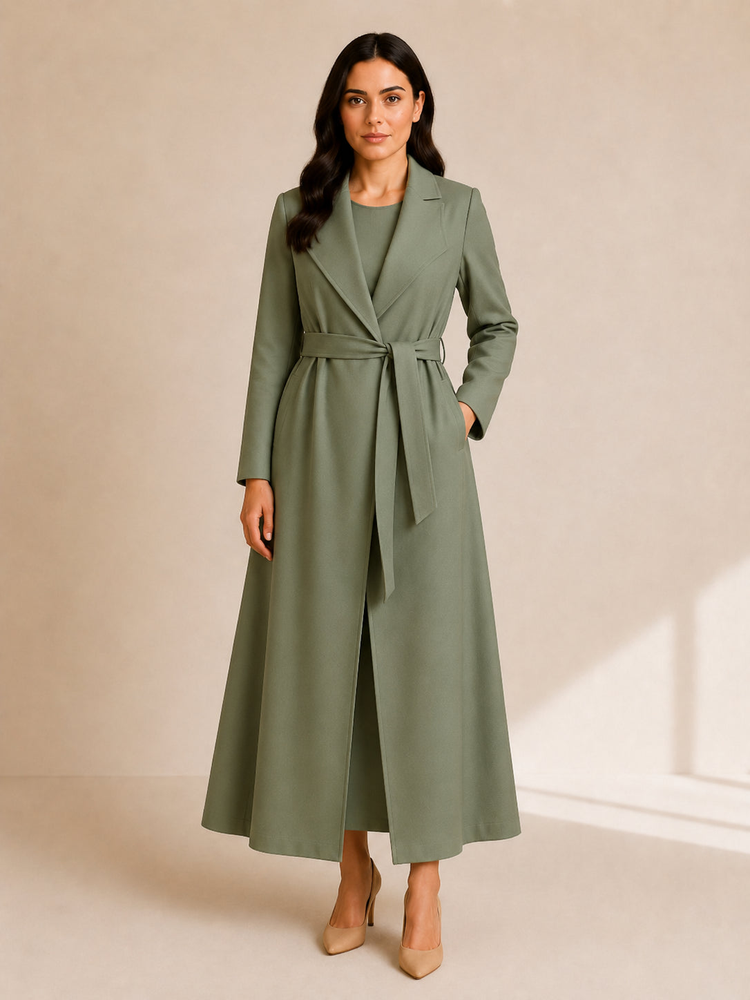 Aria Prestige Belted Coat by WAROODI front view, sage green longline modest winter coat with wide lapel collar, matching belt, hidden closure, and refined A-line silhouette.