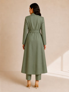 Aria Prestige Belted Coat by WAROODI back view, longline sage green modest winter coat with smooth tailored structure, matching belt, full-length flow, and premium minimal silhouette.