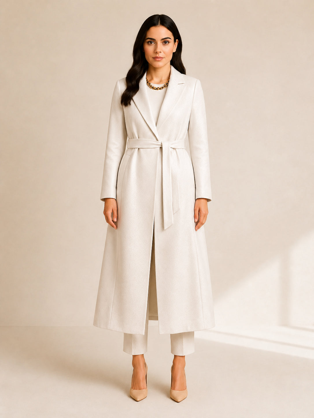 Celeste Prestige Belted Coat in Ivory Pearl front view, longline modest luxury coat with shimmer-textured fabric, lapel collar, waist belt, and full-length elegant silhouette by WAROODI.