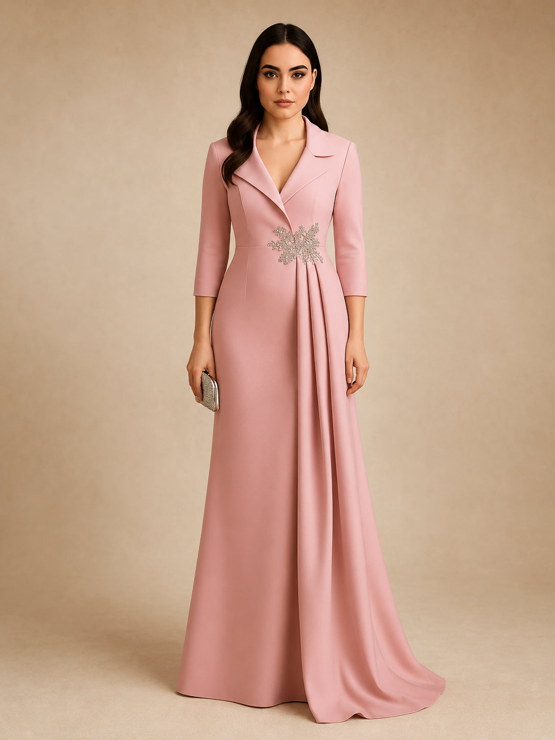 Celestia Draped Evening Gown by WAROODI front view, full-length modest satin-crepe gown with tailored lapel neckline, 3/4 sleeves, crystal waist detail, side drape panel, and elegant A-line silhouette.