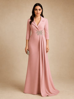 Celestia Draped Evening Gown by WAROODI front view, full-length modest satin-crepe gown with tailored lapel neckline, 3/4 sleeves, crystal waist detail, side drape panel, and elegant A-line silhouette.