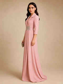 Celestia Draped Evening Gown by WAROODI side view, modest evening gown with fitted 3/4 sleeves, flowing A-line shape, signature side drape panel, smooth fabric fall, and polished luxury silhouette.