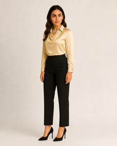Champagne satin cowl-neck shirt by WAROODI with long sleeves and polished modest styling, three-quarter view