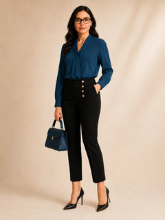 Teal blue tie-neck blouse by WAROODI with long sleeves and polished modest styling, three-quarter view