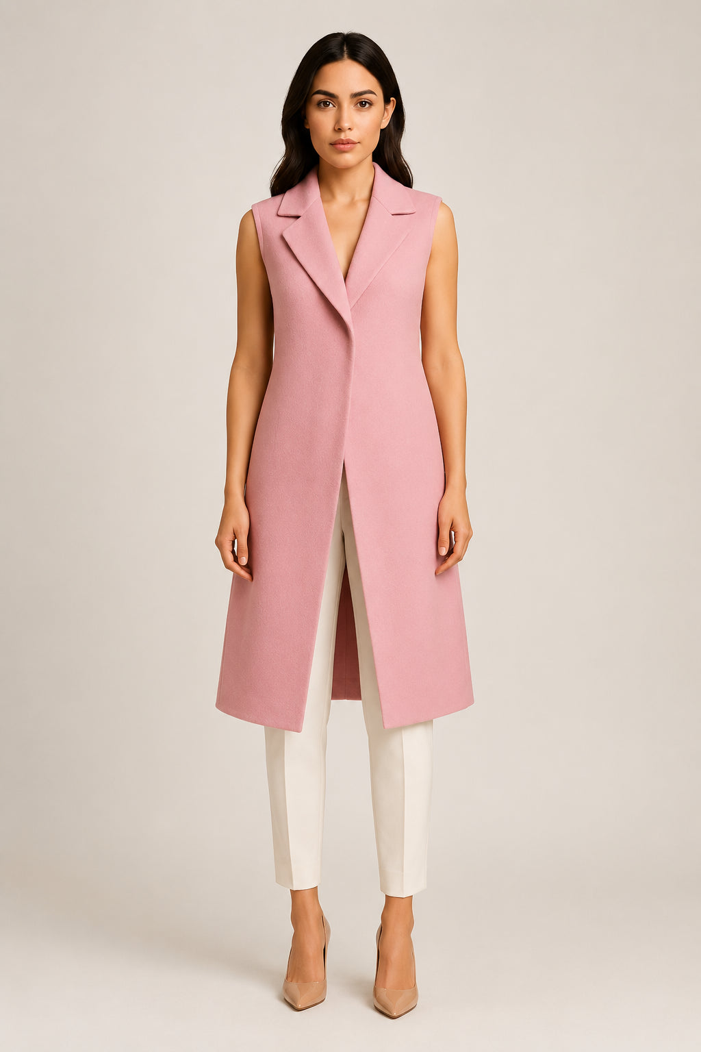 WAROODI Rose Blush Sleeveless Prestige Coat with lapel collar and ivory trousers, front view