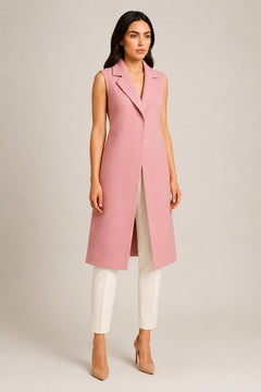 Rose blush sleeveless long coat by WAROODI with tailored lapel and modest layering style, three-quarter view
