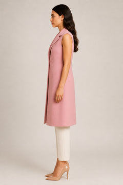 WAROODI Rose Blush Sleeveless Prestige Coat with long-line tailored silhouette, side view