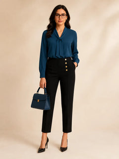 WAROODI Elise Tie-Neck Blouse in teal blue styled with black tailored trousers, front view