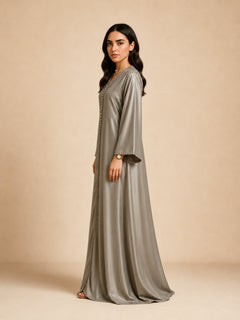 Layali Satin Embellished Kaftan by WAROODI side view, silver grey satin kaftan with relaxed wide sleeves, soft flowing structure, subtle sheen, and refined eveningwear modest silhouette.