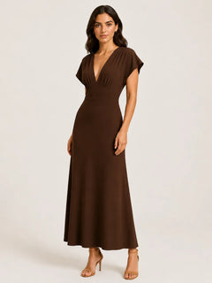 Cocoa brown modest maxi dress by WAROODI with soft cap sleeves and flowing silhouette, three-quarter view