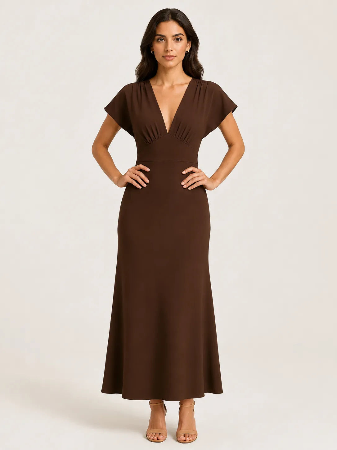 WAROODI Mira Soft-Flare Maxi in cocoa brown with V-neckline and A-line silhouette, front view