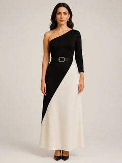 WAROODI Noir Contrast Maxi in black and ivory with one-shoulder neckline and waist belt, front view