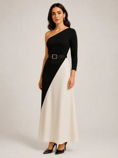 Black and ivory contrast maxi dress by WAROODI with asymmetric one-shoulder design, three-quarter view