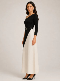 WAROODI Noir Contrast Maxi with flowing A-line skirt and structured waist belt, side view