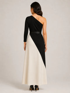 Back view of WAROODI Noir Contrast Maxi in black and ivory with asymmetric panel design