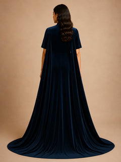 Prestige Midnight Blue Velvet Gown by WAROODI back view, full-length midnight blue velvet gown with smooth modest silhouette, premium finishing, soft A-line flow, and elegant formal styling.