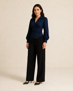 Navy and black modest co-ord set by WAROODI with wrap-style top and wide-leg trousers, three-quarter view
