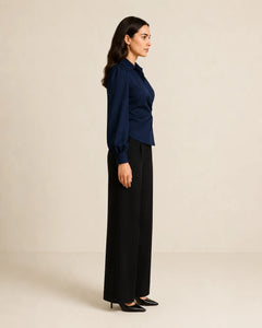 WAROODI Serene Wrap Set with long sleeves and tailored wide-leg trousers, side view
