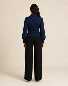 Back view of WAROODI Serene Wrap Set in navy and black with wrap blouse and wide-leg trousers