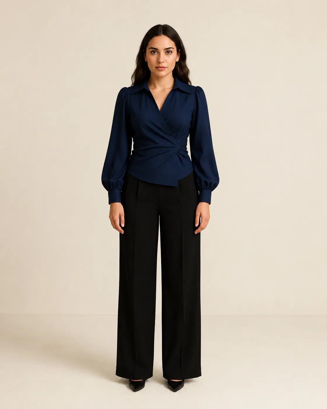 WAROODI Serene Wrap Set with navy wrap blouse and black wide-leg trousers, front view