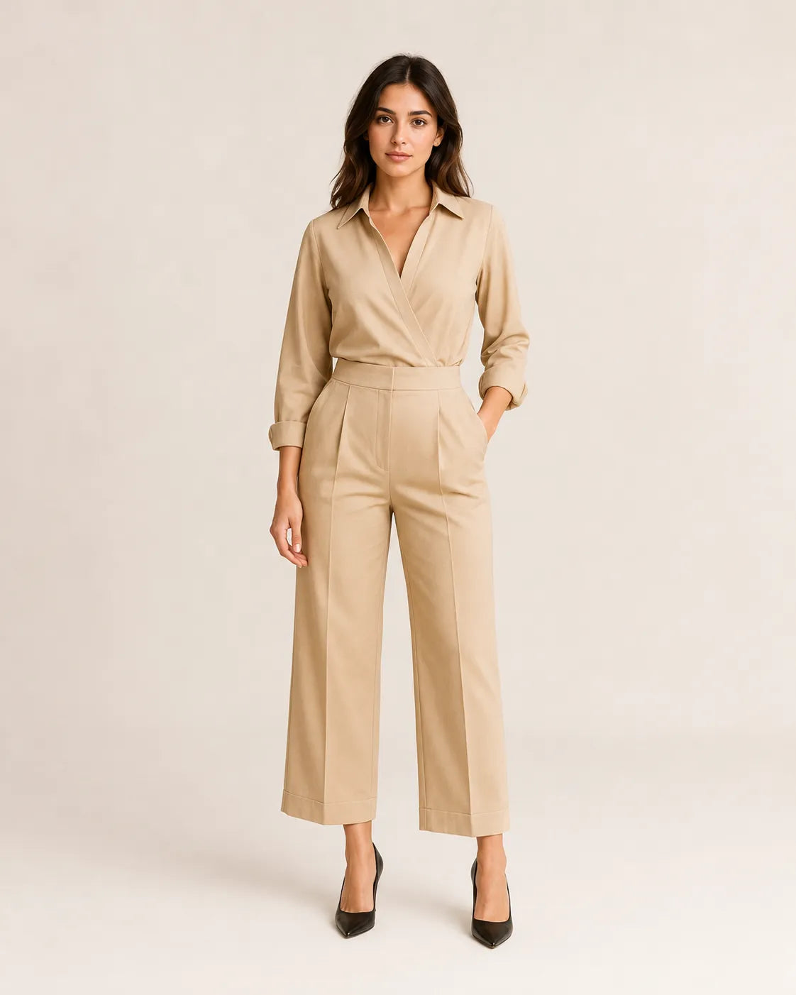 WAROODI Serene Wrap Set in sand beige with wrap-style shirt and tailored wide-leg trousers, front view