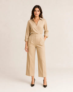 WAROODI Serene Wrap Set in sand beige with wrap-style shirt and tailored wide-leg trousers, front view