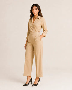 Sand beige modest co-ord set by WAROODI with wrap shirt and wide-leg trousers, three-quarter view