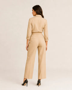 Back view of WAROODI Serene Wrap Set in sand beige with wrap-style shirt and wide-leg trousers