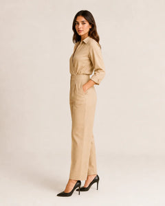 WAROODI Serene Wrap Set in sand beige with long sleeves and tailored wide-leg trousers, side view