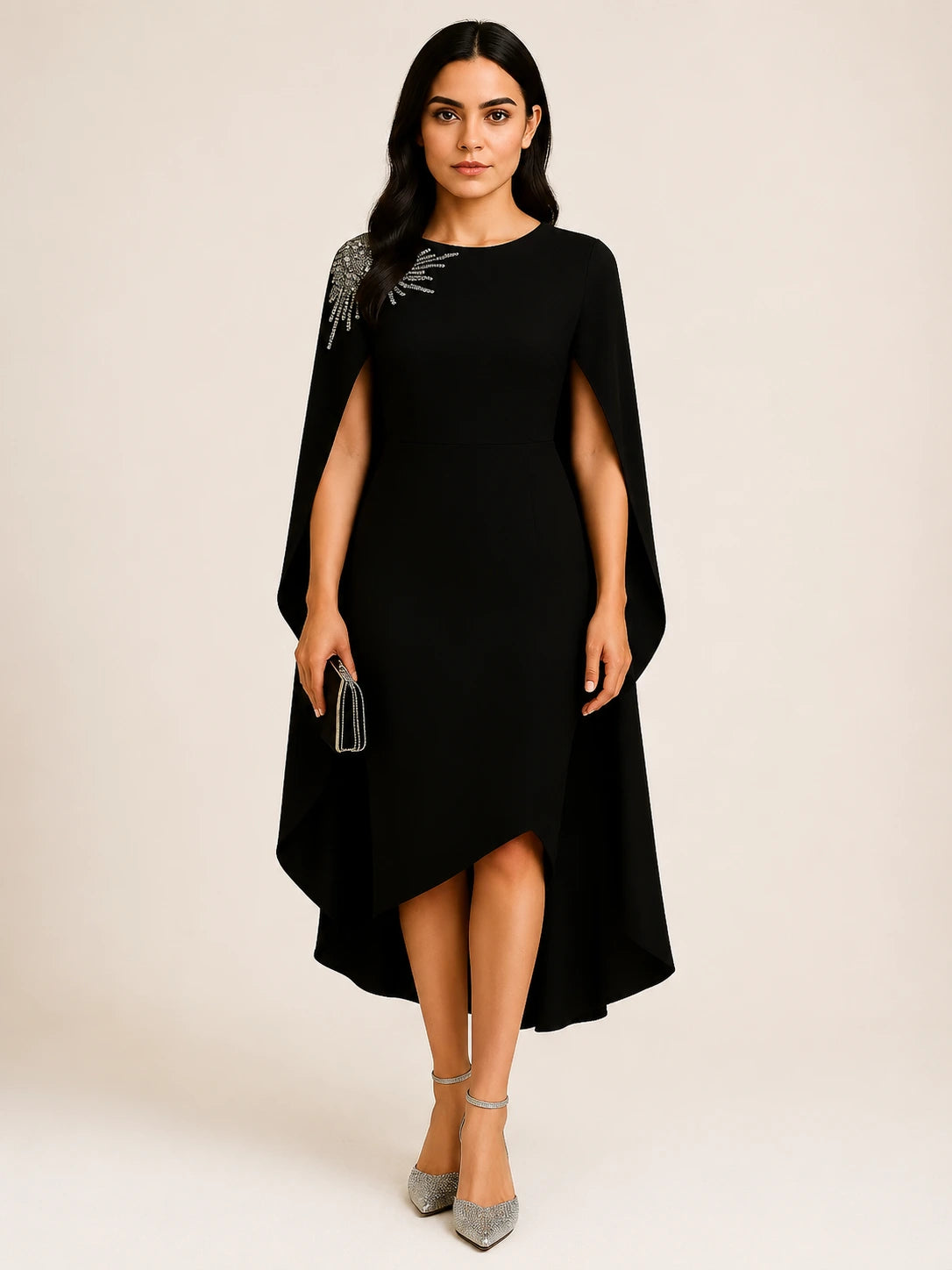 Serene Cape Evening Gown in black, front view, full-length modest evening gown with cape overlay and flowing silhouette.