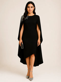 Serene Cape Evening Gown in black, front view, full-length modest evening gown with cape overlay and flowing silhouette.