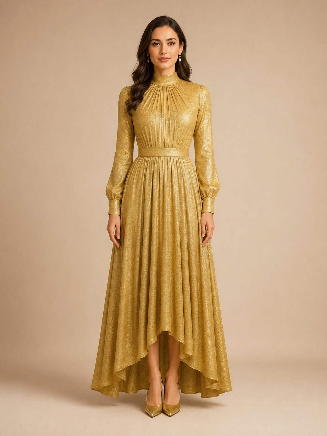 Golden Aura Shimmer Gown by WAROODI front view, full-length modest evening gown with high neckline, soft gathered bodice, waist-defining band, full sleeves, and luminous shimmer fabric.