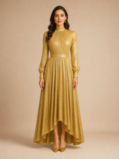 Golden Aura Shimmer Gown by WAROODI front view, full-length modest evening gown with high neckline, soft gathered bodice, waist-defining band, full sleeves, and luminous shimmer fabric.