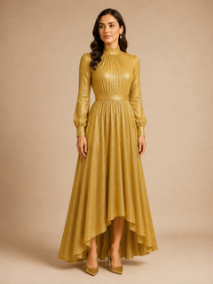 Golden Aura Shimmer Gown by WAROODI three-quarter view, showing the soft golden glow, structured high-neck design, gathered bodice detail, flowing high-low hemline, and elegant modest styling.