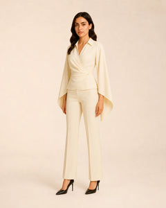Ivory cream modest two-piece co-ord set by WAROODI shown in three-quarter view