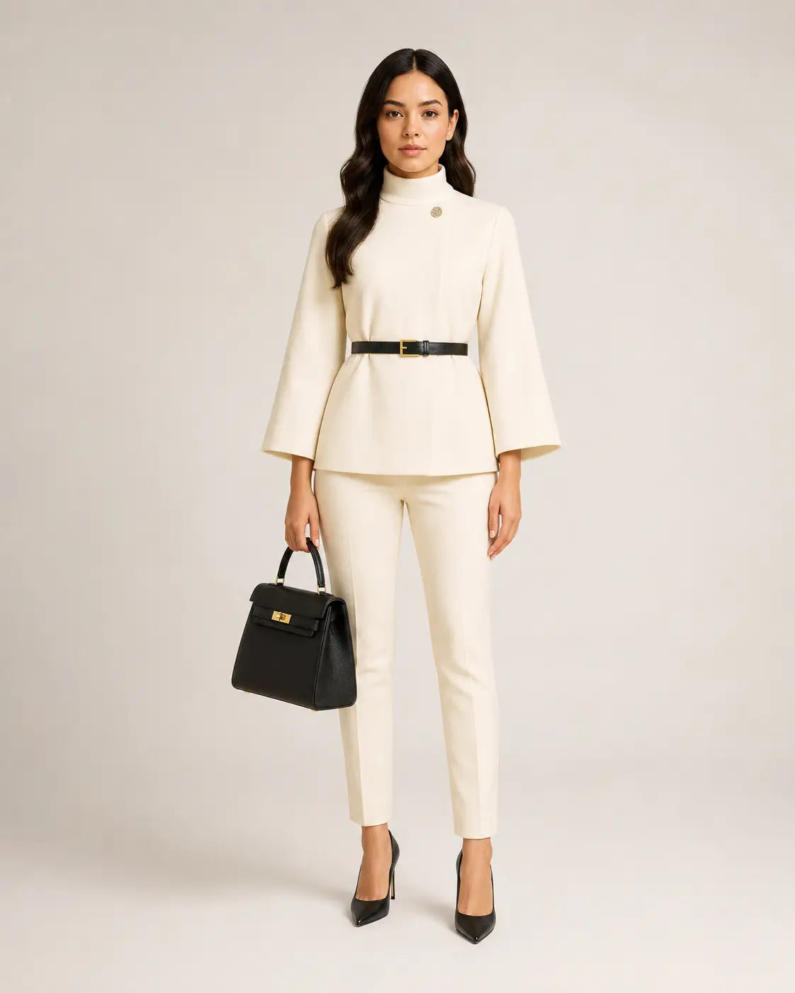 WAROODI Valeria High-Neck Cape Co-ord Set in ivory cream with black belt and tailored trousers, front view