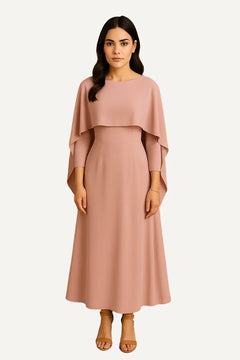 WAROODI Amina Cape Maxi in Blush Pink — modest A-line cape dress full-length front view