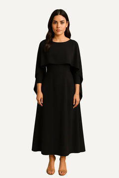 WAROODI Amina Cape Maxi in Black — modest A-line cape dress full-length front view