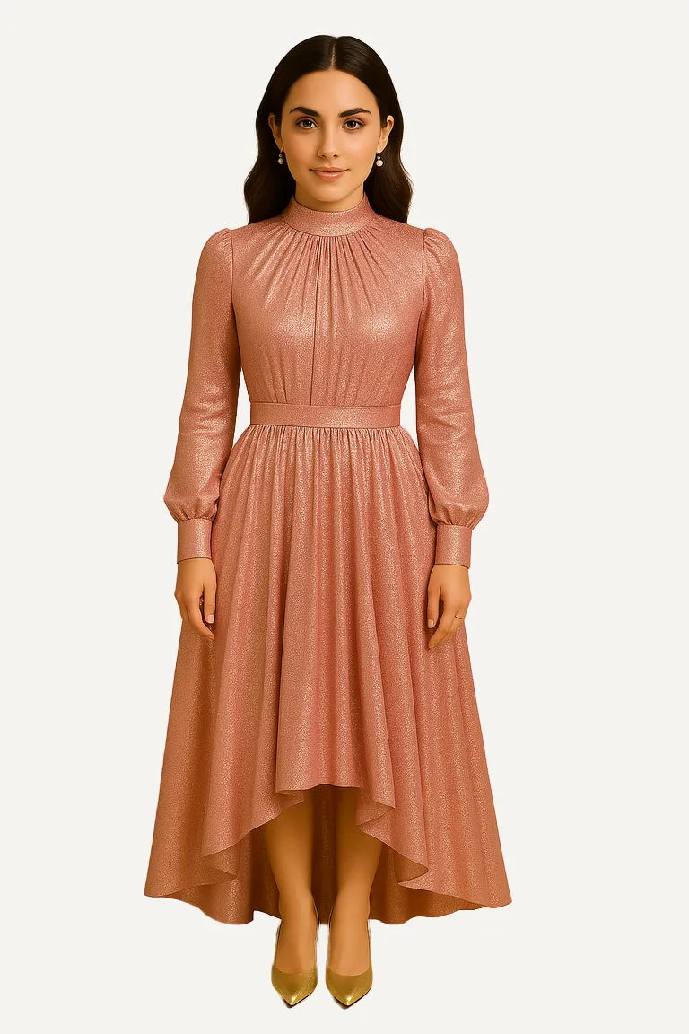 WAROODI Golden Aura Gown in pink – elegant modest shimmer dress with long sleeves and high neck.