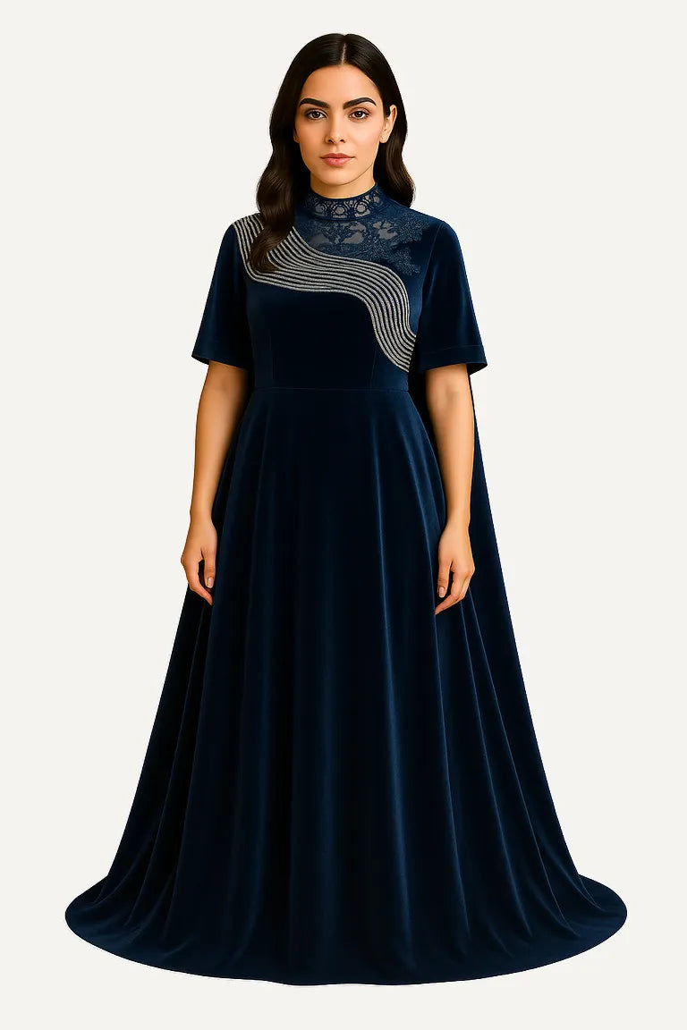 WAROODI Aveline Velvet Gown in Midnight Blue – high-neck embroidered modest velvet dress with A-line silhouette and short sleeves.